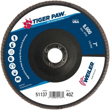 Weiler 7" Tiger Paw Abrasive Flap Disc, Flat (TY27), 40Z, 7/8" 51137
